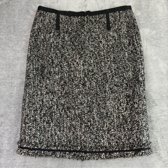 Talbots Petites 4P Black White Tweed Skirt Wool Blend Career Business Fringe Hem - Picture 1 of 10